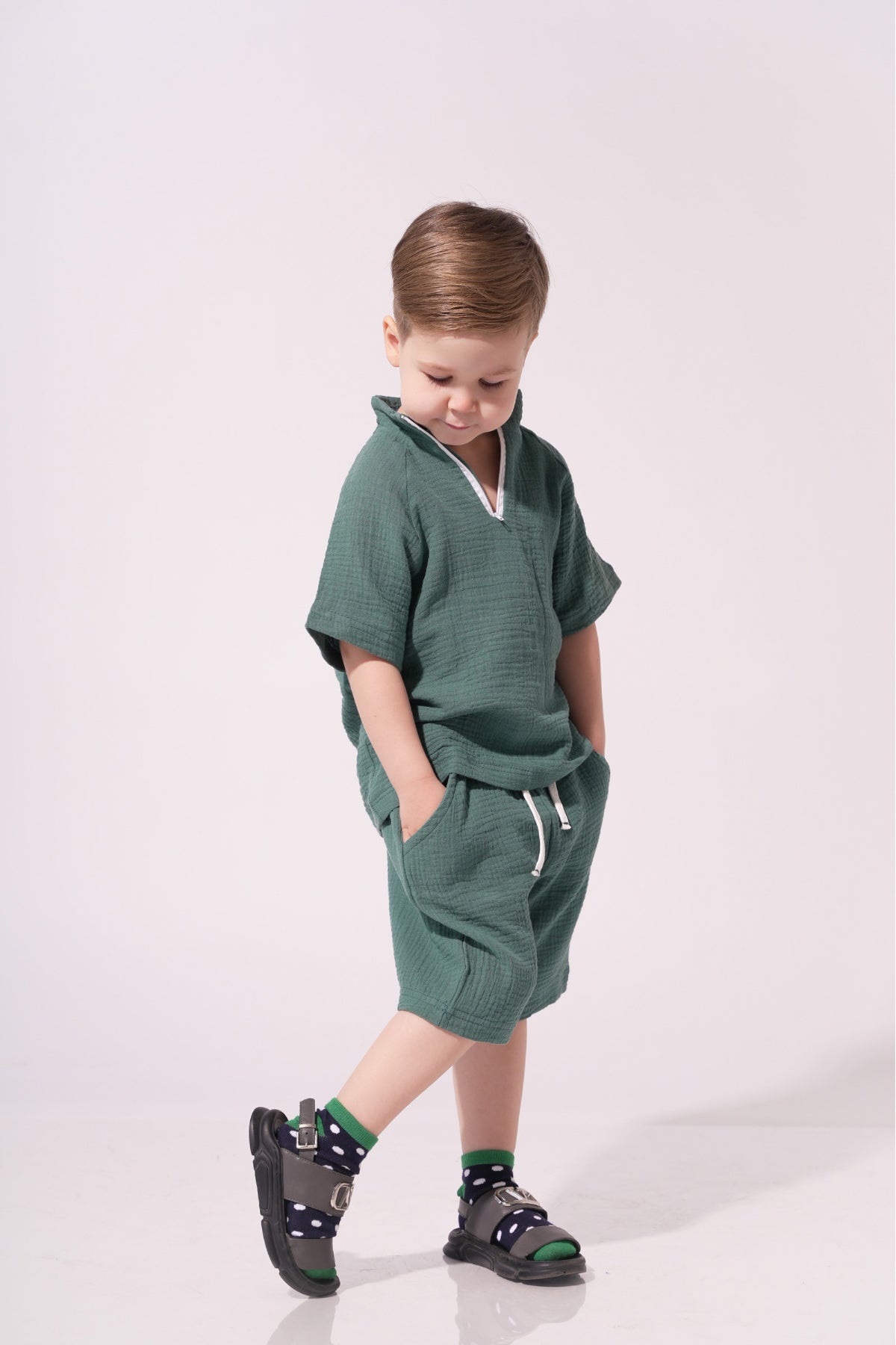 Collection of Stylish Two-Piece Cotton Set for Boys and Girls (Ages 5-8) - Emerald in a gallery layout