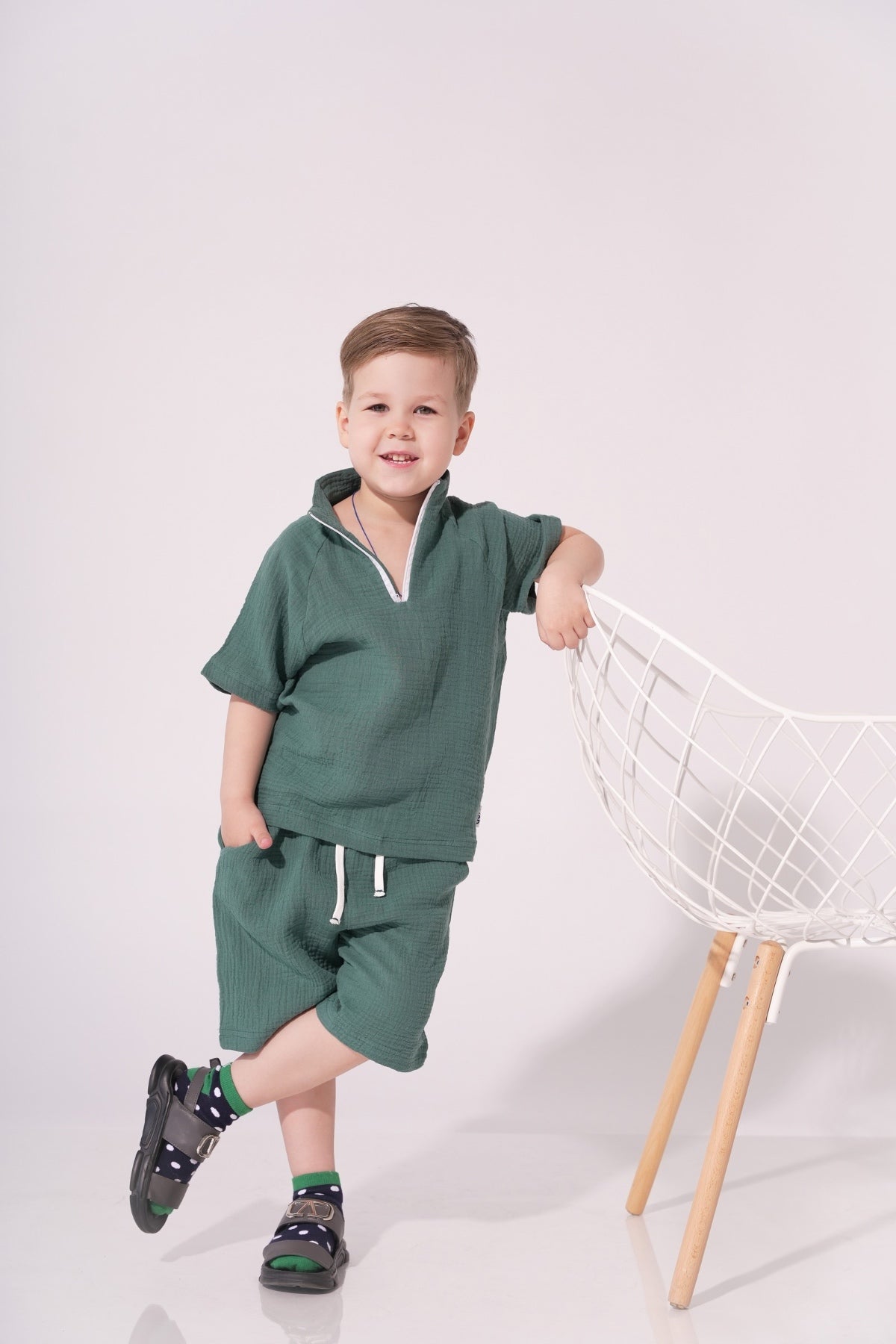 Collection of Stylish Two-Piece Cotton Set for Boys and Girls (Ages 5-8) - Emerald in a gallery layout