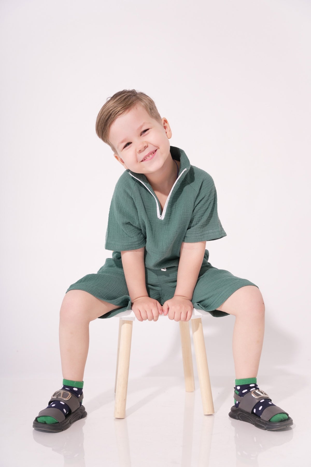 Collection of Stylish Two-Piece Cotton Set for Boys and Girls (Ages 5-8) - Emerald in a gallery layout