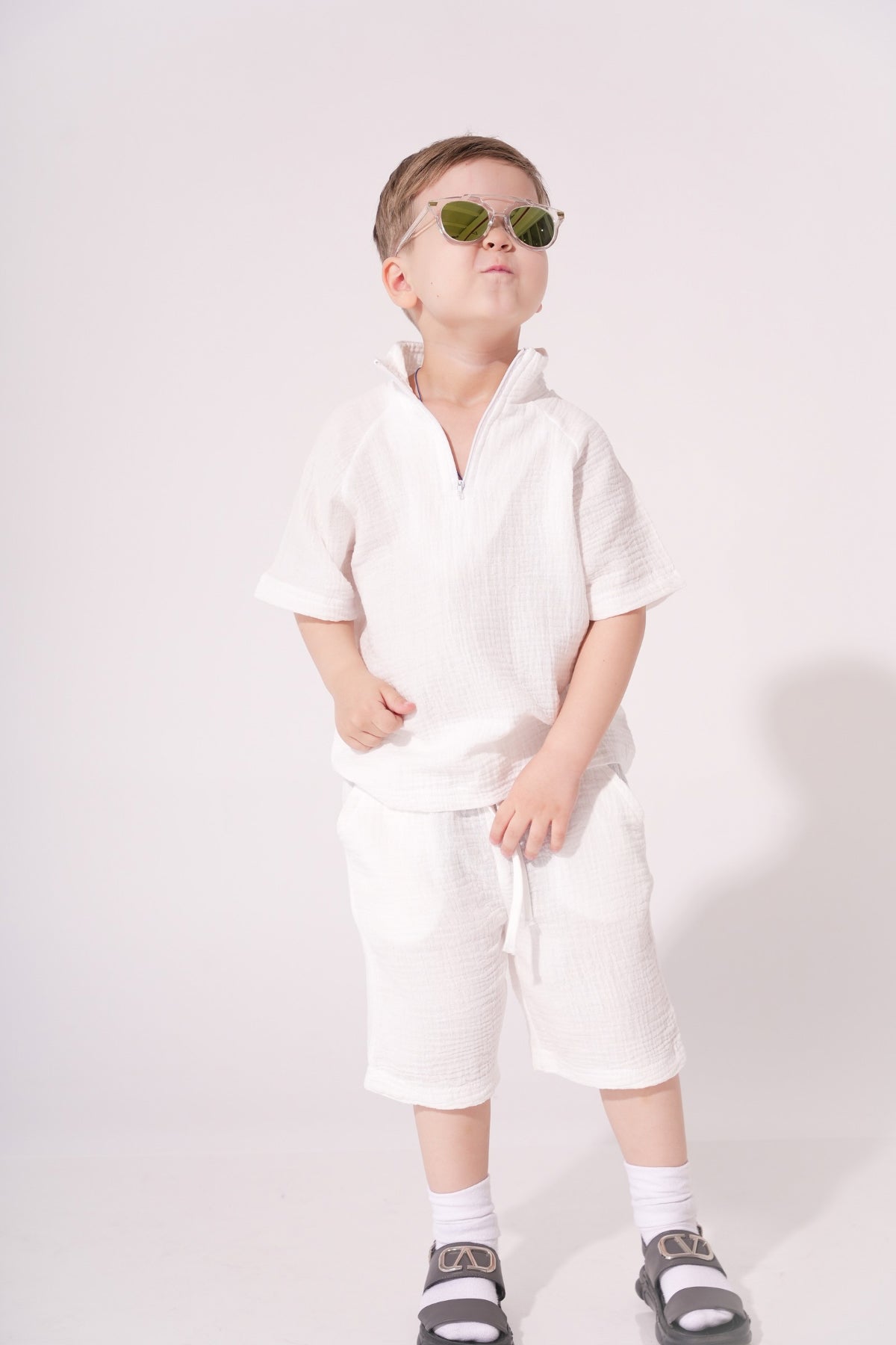 Collection of Stylish Two-Piece Cotton Set for Boys and Girls (Ages 5-8) - White in a gallery layout