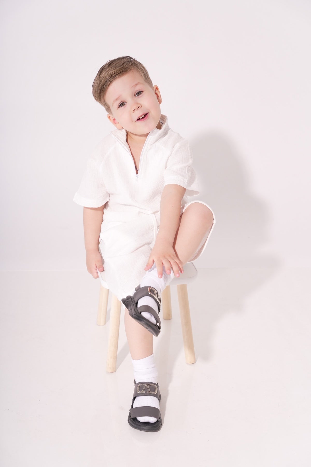 Collection of Stylish Two-Piece Cotton Set for Boys and Girls (Ages 5-8) - White in a gallery layout